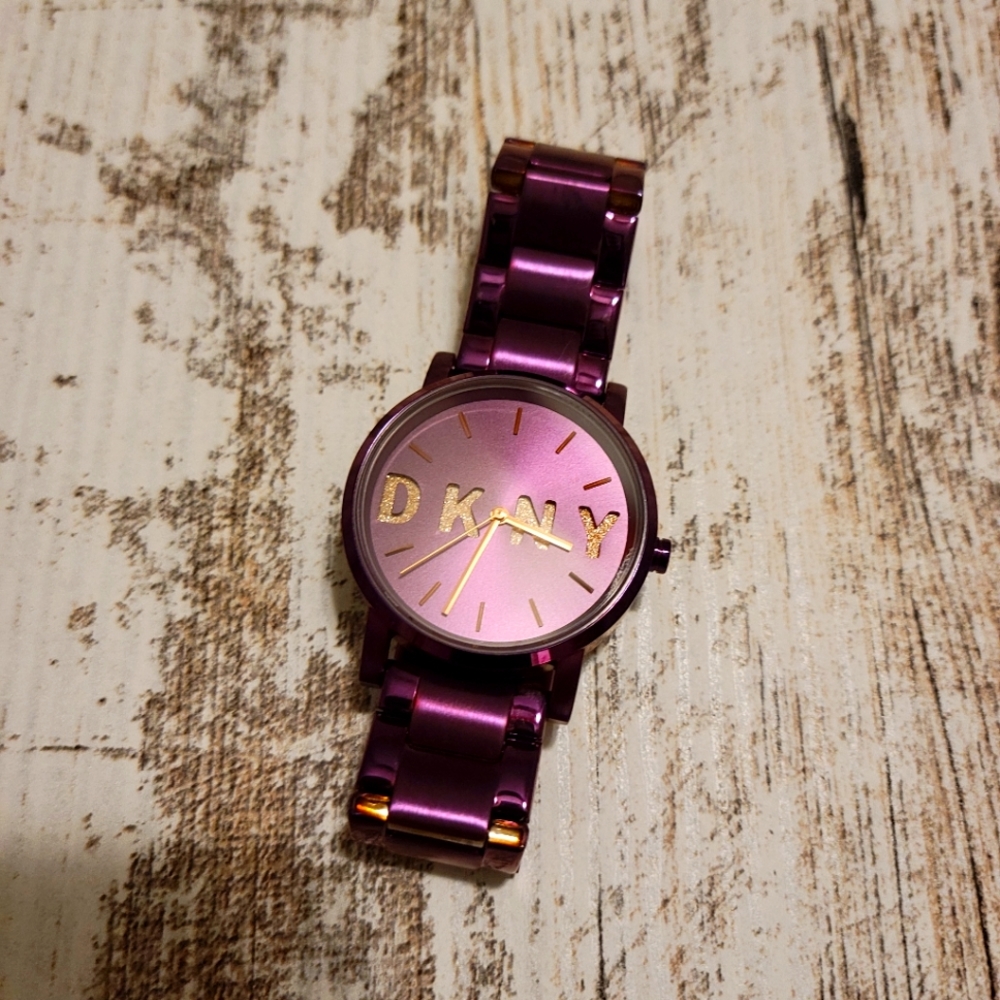 DKNY watch, purple and gold